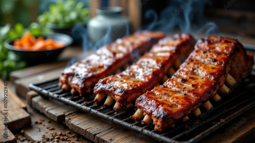 Image depicts a tray with several pieces of meat that appears to be grilled or smoked ribs, placed on a wooden table with some herbs and spices nearby. Image depicts a tray with several pieces of meat that appears to be grilled or smoked ribs, placed on a wooden table with some herbs and spices nearby.