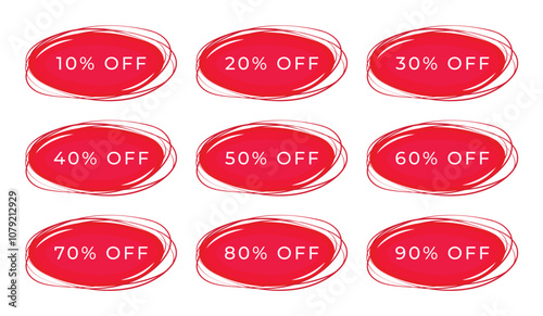 Red discount banners set, sales stickers in oval forms, coupons in many percentage variations, offers from 10% to 90%, buttons to increase business profit, vector color illustrations