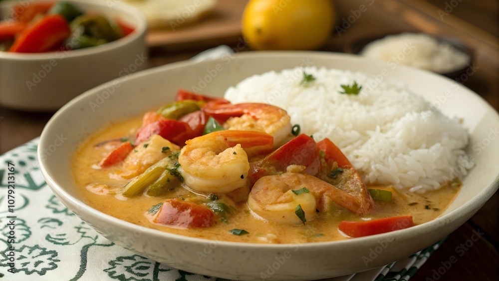 Moqueca with shrimp and bell peppers, served with rice Moqueca with shrimp and bell peppers, served with rice