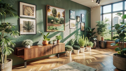 Bright, well-lit home background, with plants and art on a simple wall, conveying professionalism and warmth