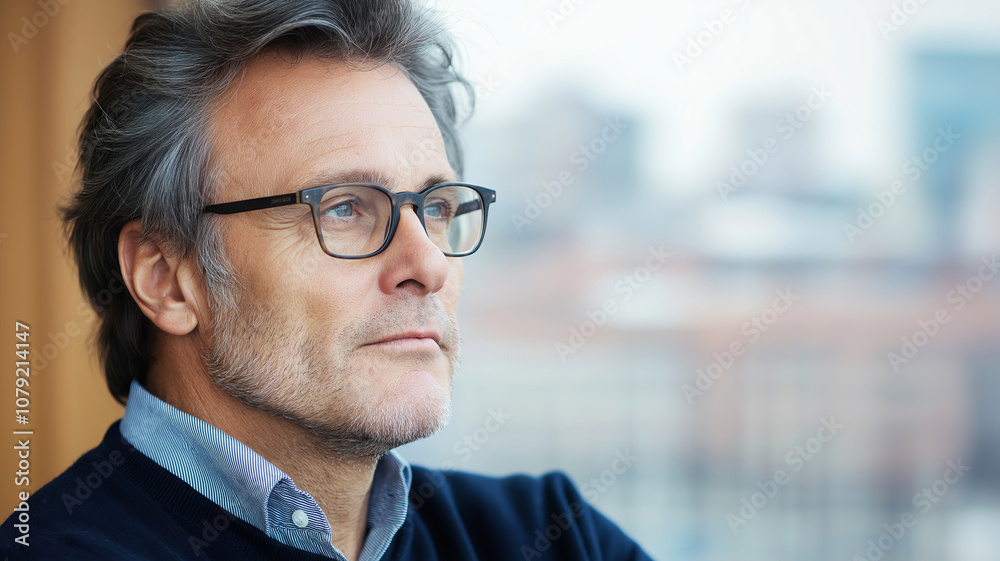 Close-up of a pensive businessman in glasses, looking out the office window at the city skyline, considering future prospects Close-up of a pensive businessman in glasses, looking out the office window at the city skyline, considering future prospects