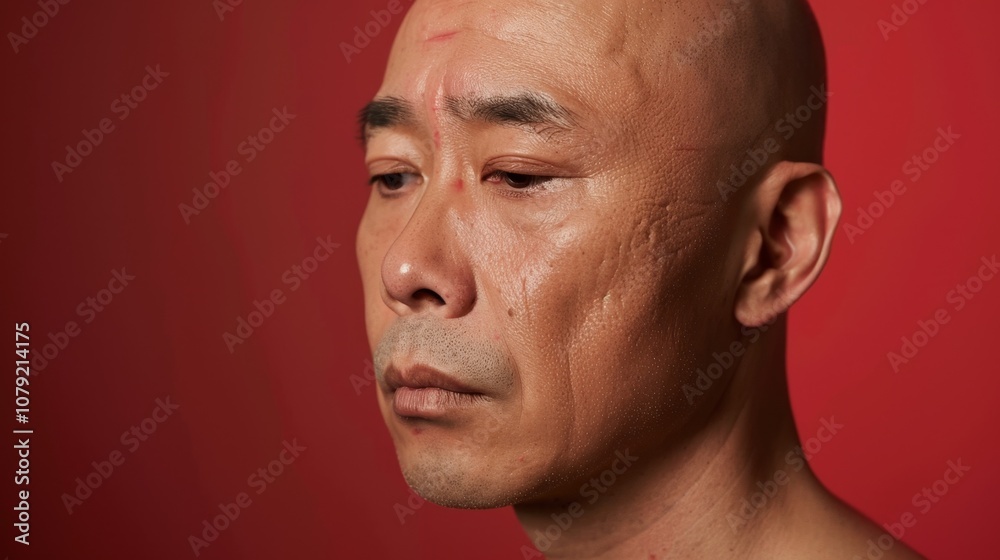 A man with a shaved head and a red background. He has a red mark on his face