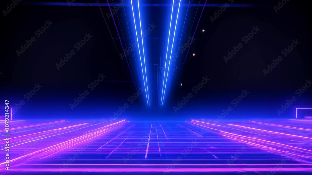 Abstract neon grid of glowing blue and pink lines on dark background. Futuristische digitale Szene mit Perspektive Tiefe und geometrische Symmetrie. Sci-fi and technology concept. Design for wallpaper