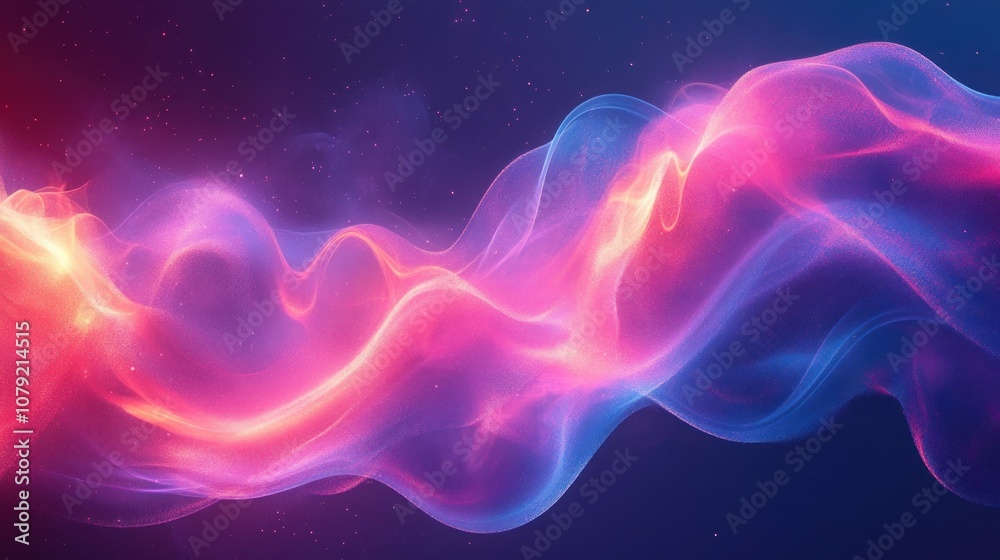 Abstract wave of pink and blue light against a dark blue background with glowing particles. Abstract wave of pink and blue light against a dark blue background with glowing particles.