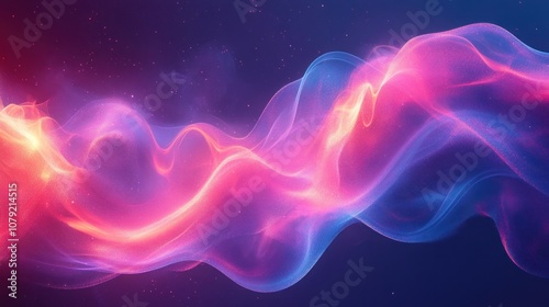 Abstract wave of pink and blue light against a dark blue background with glowing particles.