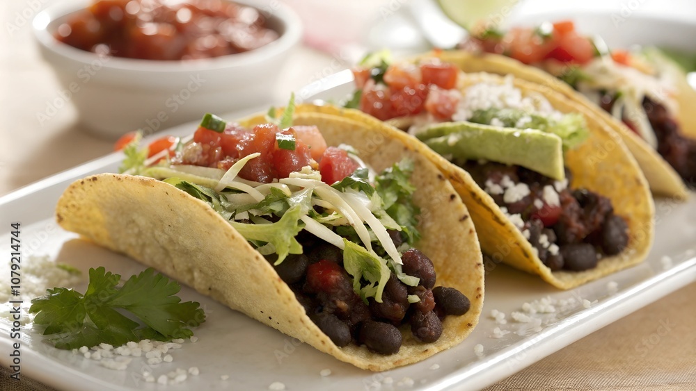 Vegetarian black bean tacos with chopped tomatoes Vegetarian black bean tacos with chopped tomatoes