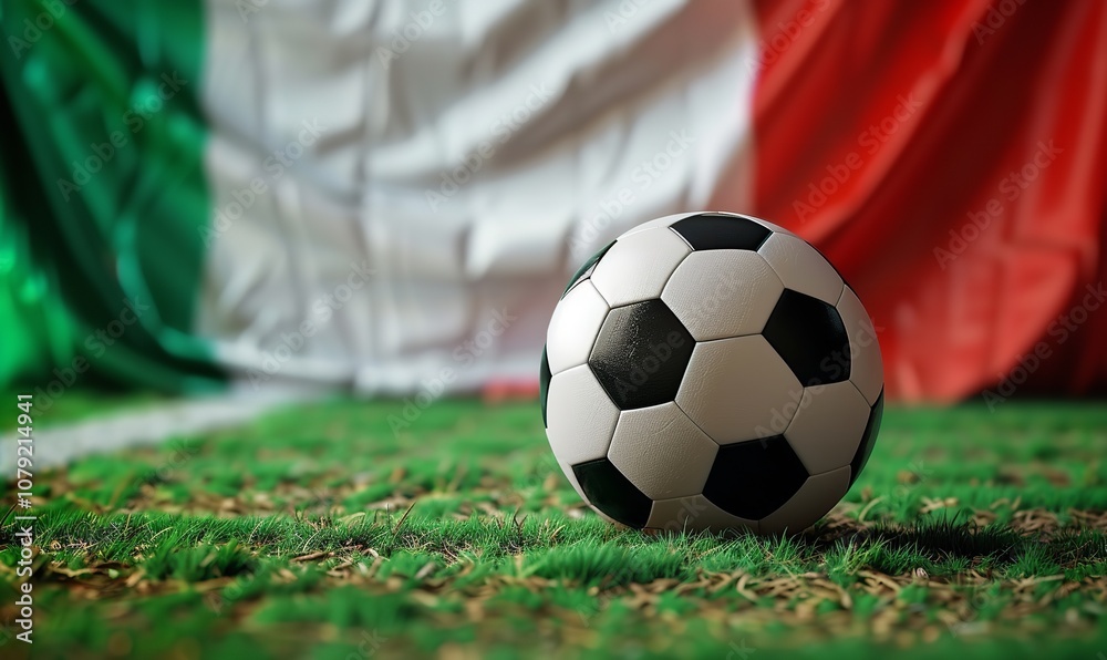 Naklejka premium A vintage black and white football ball in front of the&nbsp;flag, Generative AI.