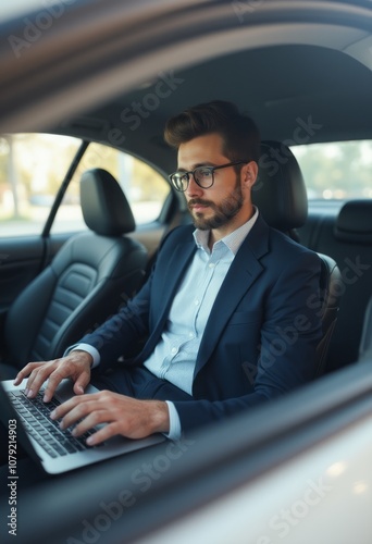 A young businessman in a suit is focused on his laptop while seated in the back of a car. The image captures a modern work environment, highlighting the blend of professionalism and mobility in today