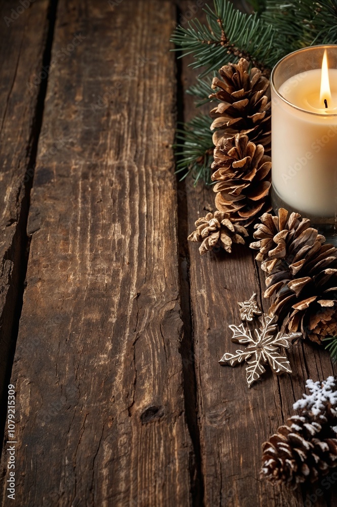Rustic Winter Holidays: Pine Cones, Snow, and Candlelight on Wood with Space for Text Rustic Winter Holidays: Pine Cones, Snow, and Candlelight on Wood with Space for Text