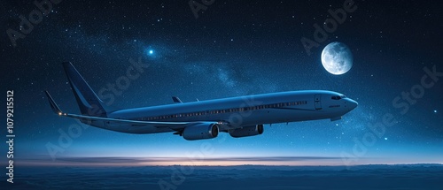 Airplane flying through the night sky with a full moon.