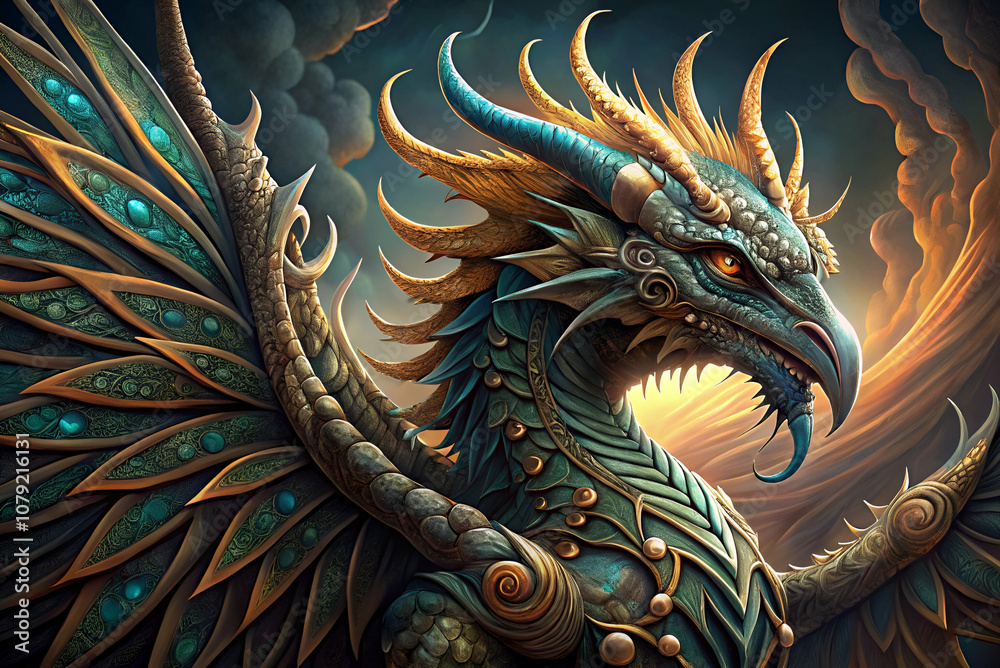 Fototapeta premium Intricacy of A majestic dragon with ornate scales and feathers, set against a dramatic sky, showcasing intricate details in its design and powerful presence.