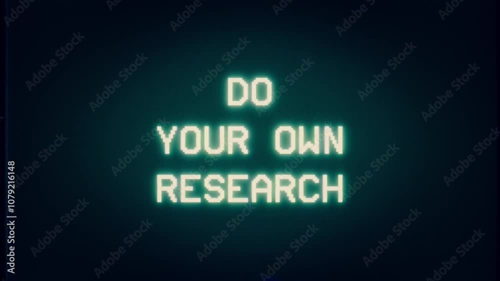 Glowing neon text DO YOUR OWN RESEARCH illuminates dark background with ghostly aura. Analog VHS tape distortion aesthetic creating eerie atmosphere with flickering interference patterns.
Glowing neon text DO YOUR OWN RESEARCH illuminates dark background with ghostly aura. Analog VHS tape distortion aesthetic creating eerie atmosphere with flickering interference patterns.