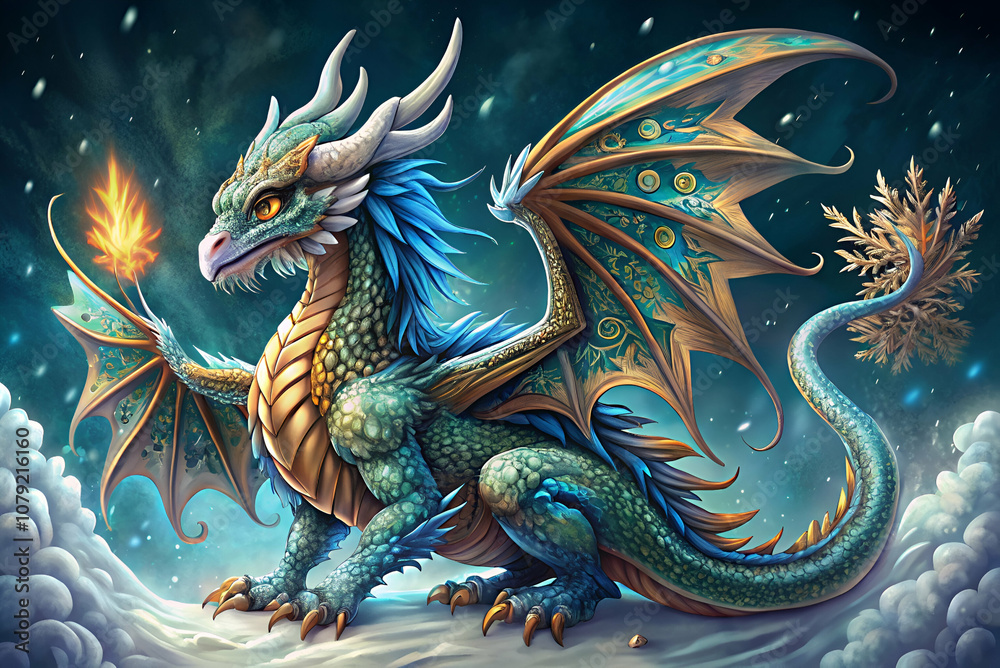 Intricacy of A colorful dragon with intricate scales and majestic wings, holding a flame, surrounded by clouds and a magical, starry backdrop. Intricacy of A colorful dragon with intricate scales and majestic wings, holding a flame, surrounded by clouds and a magical, starry backdrop.