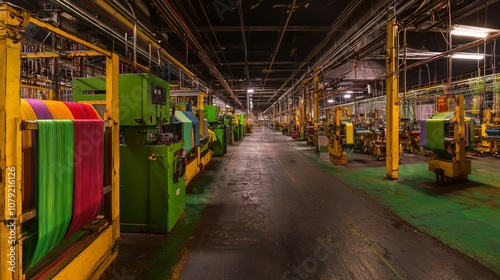 Vibrant American Textile Manufacturing Facility Panorama with Colorful Fabric Weaving Machines