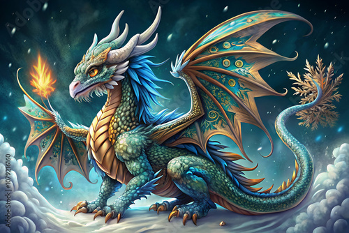 Intricacy of A colorful dragon with intricate scales and majestic wings, holding a flame, surrounded by clouds and a magical, starry backdrop.