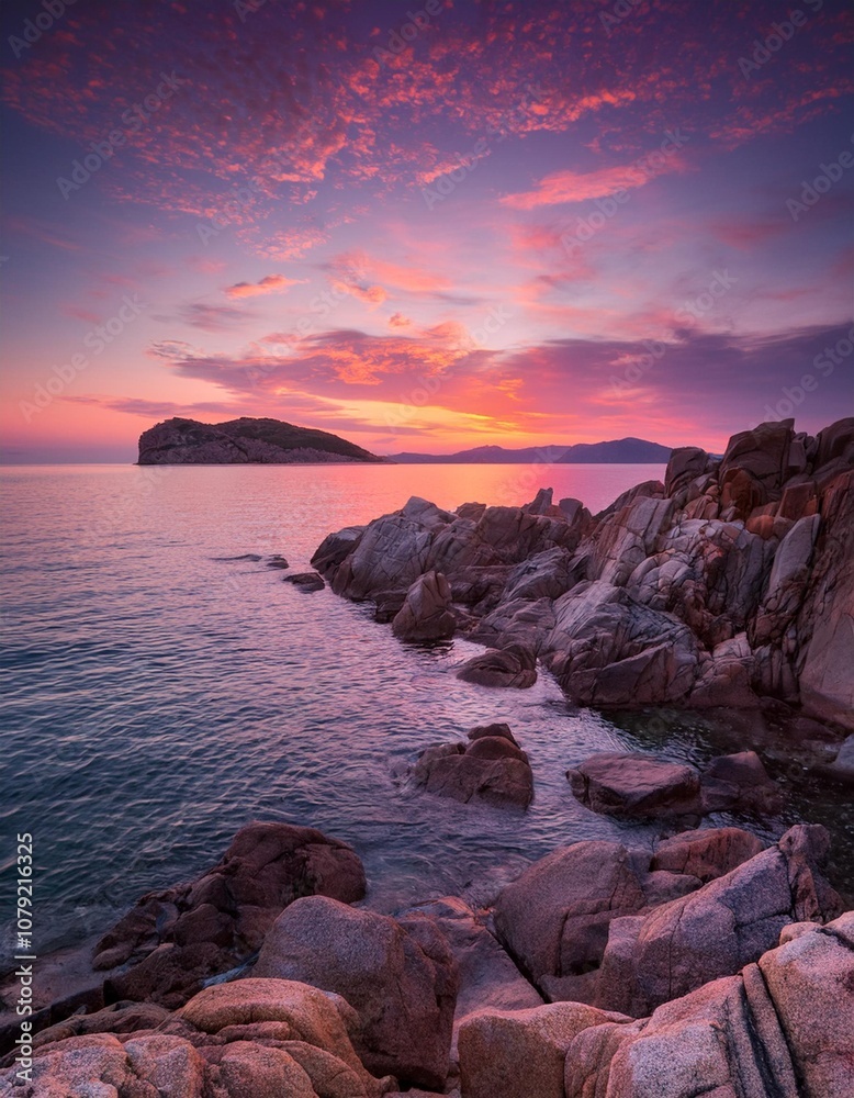 Sunset Over a Remote Rocky Shoreline, Captured Against the Background of Distant Islands and a Pink-Hued Sky for a Stunning Coastal Nature Landscape Scene