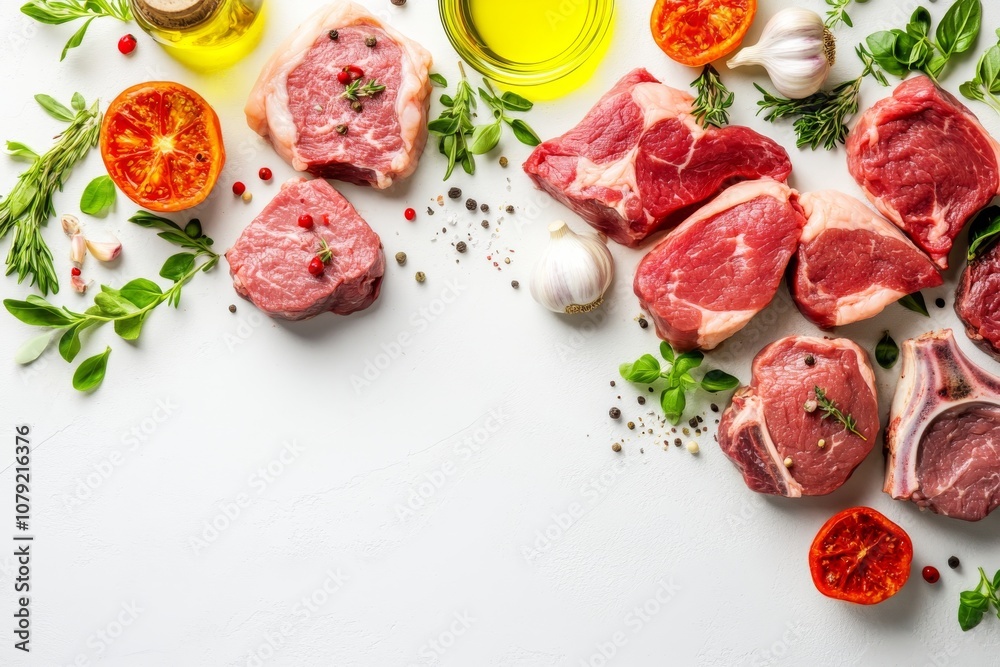 Assortment of Fresh Raw Meat with Herbs and Spices