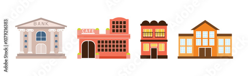 City House and Street Building Facade Vector Set