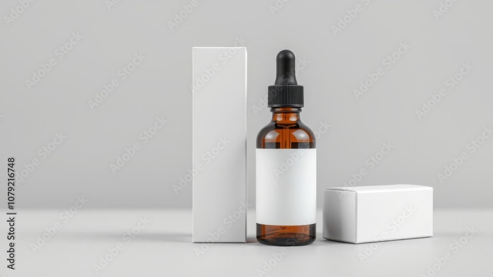 Amber glass dropper bottle and box mockup template on grey background, pharmaceutical, cosmetic Amber glass dropper bottle and box mockup template on grey background, pharmaceutical, cosmetic