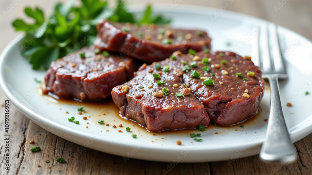 Slices of cooked meat on a plate with garnishes, suitable for a carnivore diet. Slices of cooked meat on a plate with garnishes, suitable for a carnivore diet.