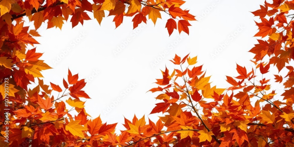 Fototapeta premium Autumn leaves swirling in the wind create a natural frame with copy space in the center, seasonal, autumn