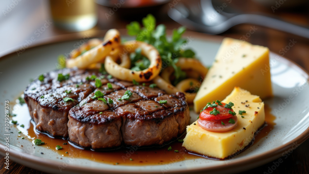 A delectable meal featuring steak, onion rings, cheese, and a tomato garnish on a wooden dining table. A delectable meal featuring steak, onion rings, cheese, and a tomato garnish on a wooden dining table.