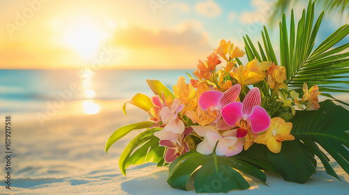 Tropical flower bouquet with orchids and greenery, vibrant colors, beach backdrop, bright sunlight