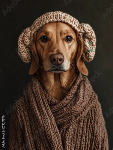 A sony digital photo of a dog wearing a crocheted earwear and a crocheted cardigan --ar 3:4 --v 6.1 Job ID: f0240742-7382-4ae1-93cf-15a272c7bbe5 photo