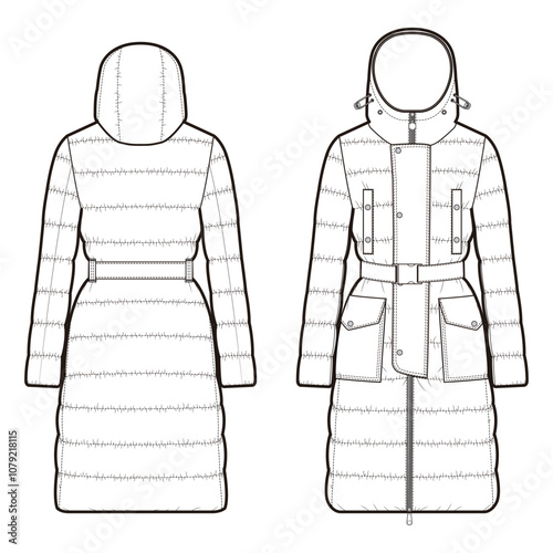 Outline of a puffer coat with belt, hood, and structured quilting, front and back.

