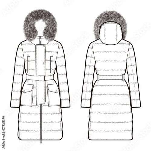 Quilted puffer coat with fur hood, front and back view, belted waist, ideal for winter.

