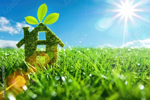 Sustainable home construction with green grass lawn and leaves. photo