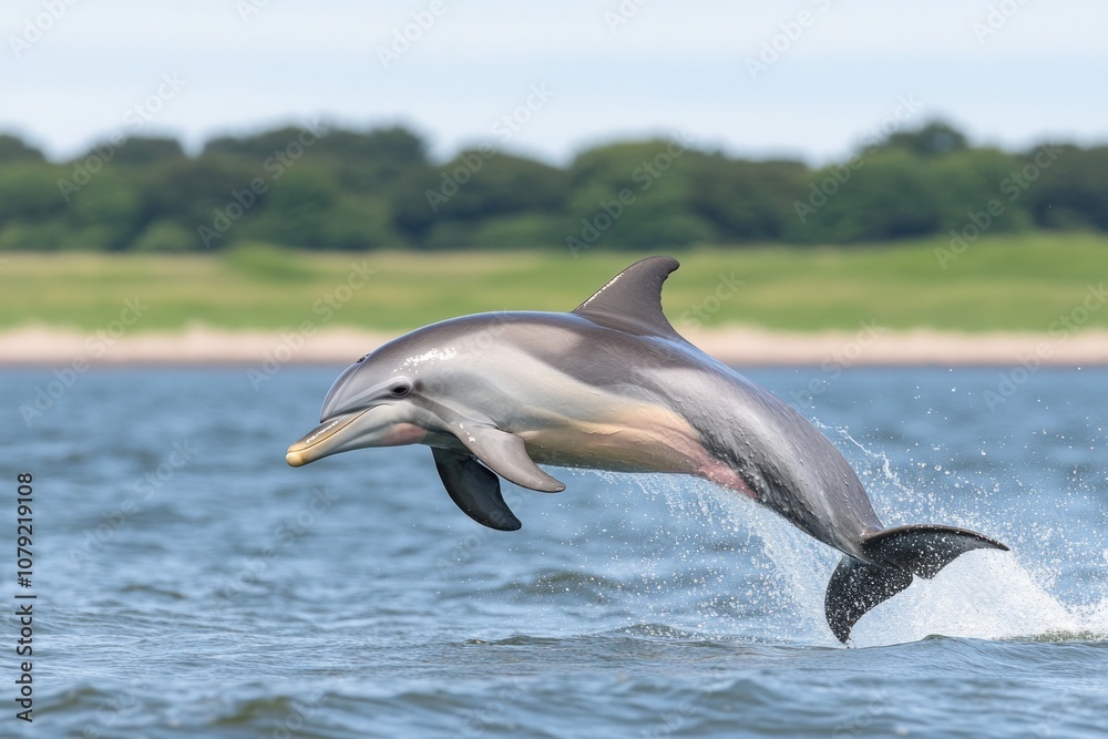 Fototapeta premium Dolphin leaps gracefully from ocean waters under clear blue sky in bright daylight