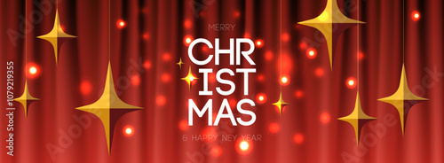 2025 Merry Christmas greeting banner. Modern art Xmas design with typography, gold stars, twinkle and red theater curtains. Trendy vector illustration for season banner, poster, cover