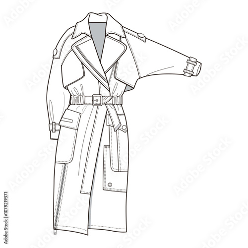 Asymmetrical Trench Coat with Belt and Utility Pockets Technical Template

