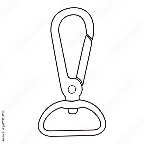 Outline of a carabiner clip with a round base for attaching items.

