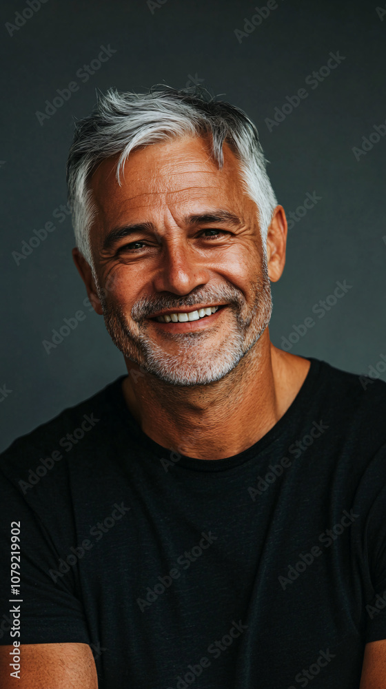 Portrait of a confident and joyful mature man with grey hair and beard, wearing a black t-shirt against a neutral background in a studio setting Portrait of a confident and joyful mature man with grey hair and beard, wearing a black t-shirt against a neutral background in a studio setting