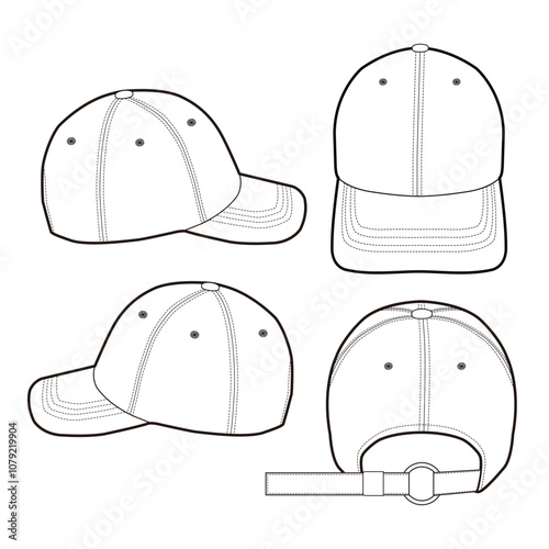 Baseball cap shown from multiple angles with adjustable strap.

