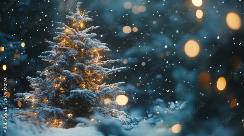Long banner of white snowy Christmas tree background outdoor, lights bokeh around, and snow falling, Christmas atmosphere Long banner of white snowy Christmas tree background outdoor, lights bokeh around, and snow falling, Christmas atmosphere