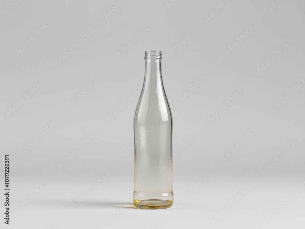 Clear empty glass bottle set against a neutral gray background, product, simplicity Clear empty glass bottle set against a neutral gray background, product, simplicity