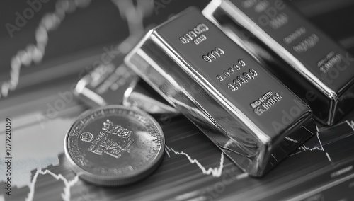 Black-and-white stock photo of silver bars on top of a trading chart, with a stock market chart background