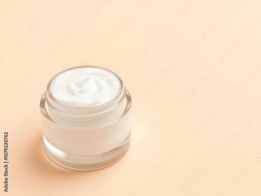 Close up view of a modern anti-aging cream jar top on a beige background, beauty, cream Close up view of a modern anti-aging cream jar top on a beige background, beauty, cream