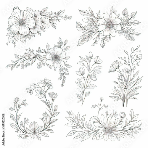 Floral ornamental corner, botanical decor with flowers drawn in one line with patterns, vector illustration isolated on a white background