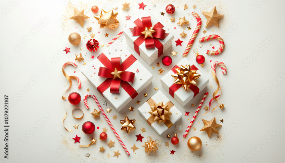 White background with red and gold gift boxes, star decorations, and confetti on the sides for Christmas or New Year banner decoration White background with red and gold gift boxes, star decorations, and confetti on the sides for Christmas or New Year banner decoration