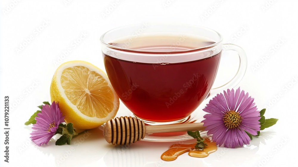 A cup of echinacea tea with a fresh lemon slice, honey stick, and decorative flowers, isolated on a textured white background