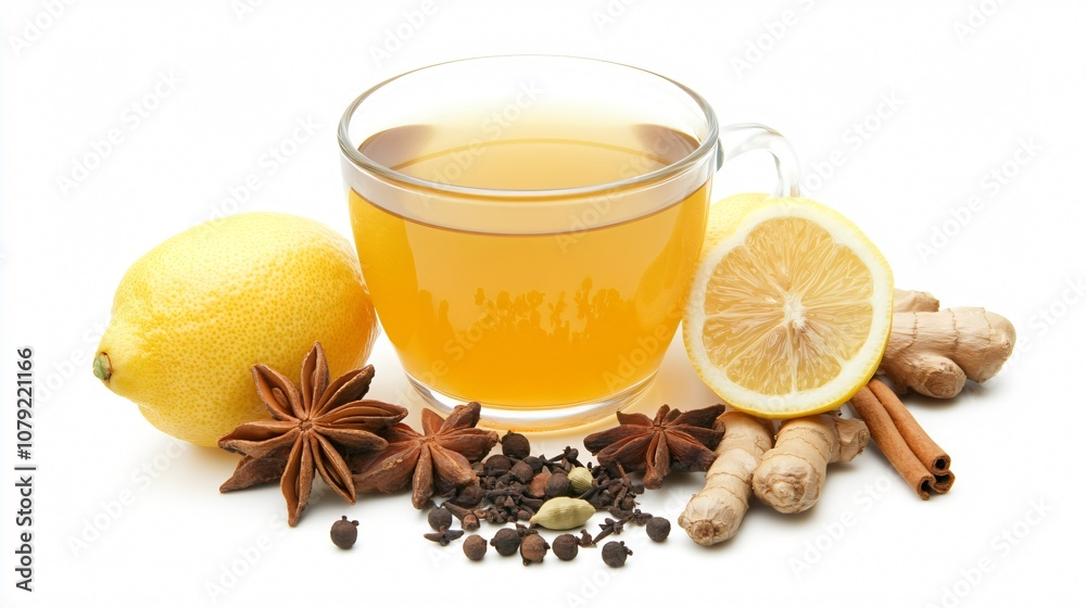 A cup of ginger and lemon tea surrounded by whole spices like cloves, cardamom, and star anise on a plain white background A cup of ginger and lemon tea surrounded by whole spices like cloves, cardamom, and star anise on a plain white background