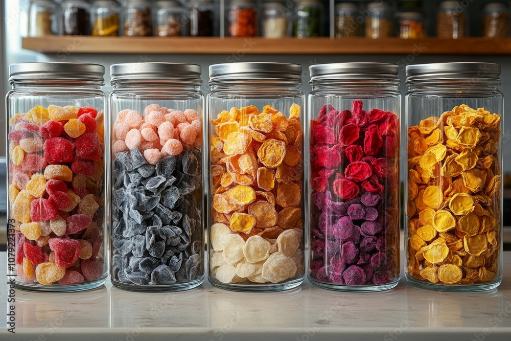 Colorful sublimated candies in clear jars, showcasing crunchy texture and food innovation. Generative AI Colorful sublimated candies in clear jars, showcasing crunchy texture and food innovation. Generative AI
