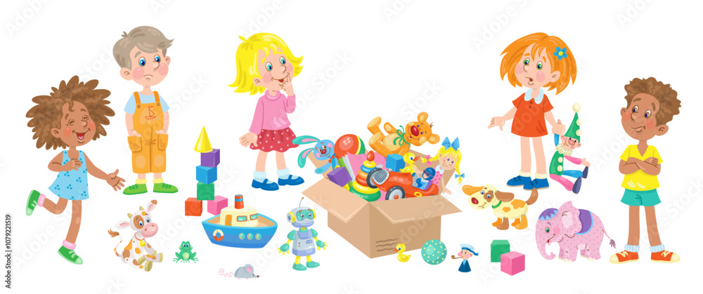 Children and toys. Two little boys and three cute girls with many colorful toys around. Isolated on white background. Vector flat illustration Children and toys. Two little boys and three cute girls with many colorful toys around. Isolated on white background. Vector flat illustration
