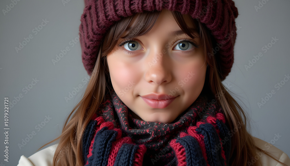 Beautiful young woman with blue eyes wearing knitted scarf and hat, smiling in cozy atmosphere