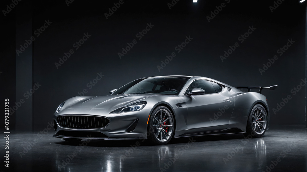A silver sports car sits on a black asphalt surface in a dark studio A silver sports car sits on a black asphalt surface in a dark studio