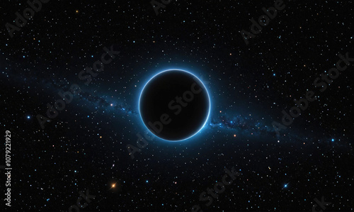 A black hole with a bright blue halo sits against a backdrop of twinkling stars and a faint galactic streak